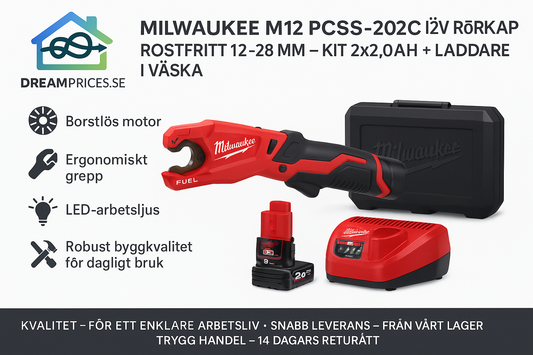Milwaukee M12 PCSS-202C 12V Rörkap rostfritt 12–28 mm – Kit 2x2,0Ah + laddare i väska