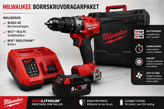 Milwaukee M18 Borrskruvdragarpaket – BLDD2-0X + 5,0Ah Batteri + Laddare