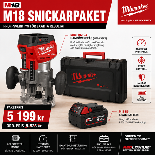 Milwaukee M18 Snickarpaket – FR12 Handöverfräs + 5,0Ah Batteri