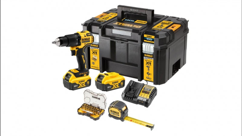 DeWalt DCZ100P2KT kit med DCD709, två 5,0 Ah batterier, laddare, bitsset, måttband och TSTAK
