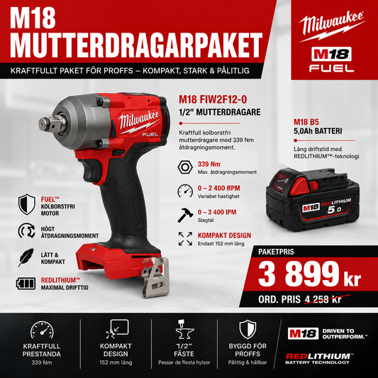 Milwaukee M18 Mutterdragarpaket – FIW2F12 1/2″ 339 Nm + 5,0Ah Batteri