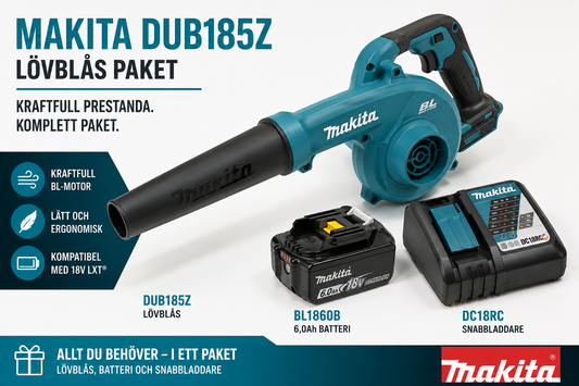 Makita DUB185Z + BL1860B + DC18RC – Lövblås Komplett Paket