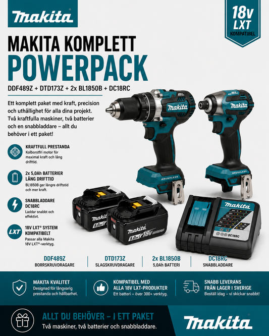 Makita DDF489Z + DTD173Z + 2x BL1850B + DC18RC – Proffskit Komplett Paket