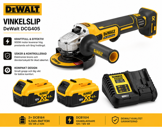 DeWalt Startpaket Vinkelslip 125mm DCG405 + 2×5,0Ah + Laddare
