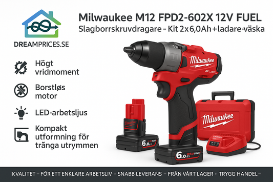 Milwaukee M12 FPD2-602X 12V FUEL Slagborrskruvdragare – Kit 2x6,0Ah + laddare + väska