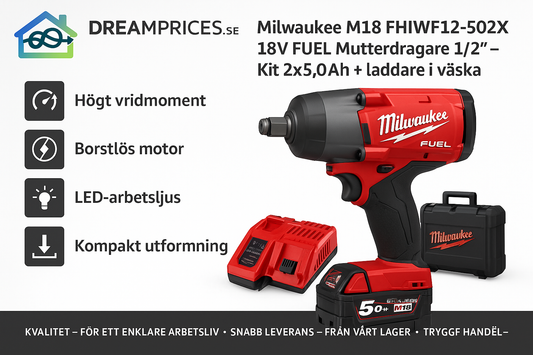 Milwaukee M18 FHIW2F12-502X 18V FUEL Mutterdragare 1/2″ – Kit 2x5,0Ah + laddare i väska