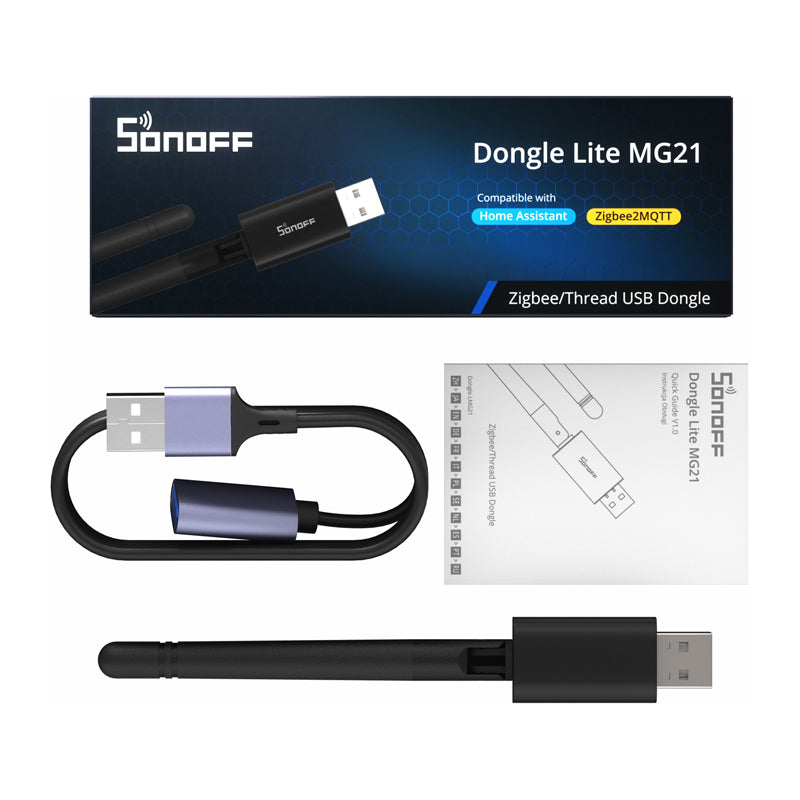 Sonoff Dongle-LMG21 med förpackning och förlängningskabel