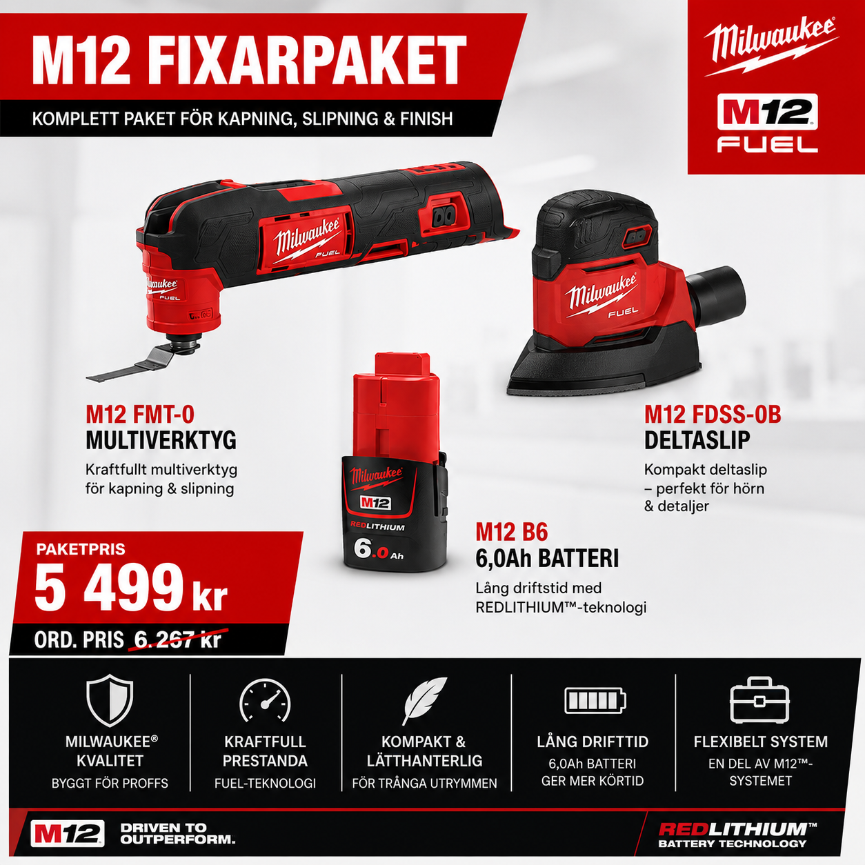 Milwaukee M12 Fixarpaket – Multiverktyg + Deltaslip + 6,0Ah Batteri