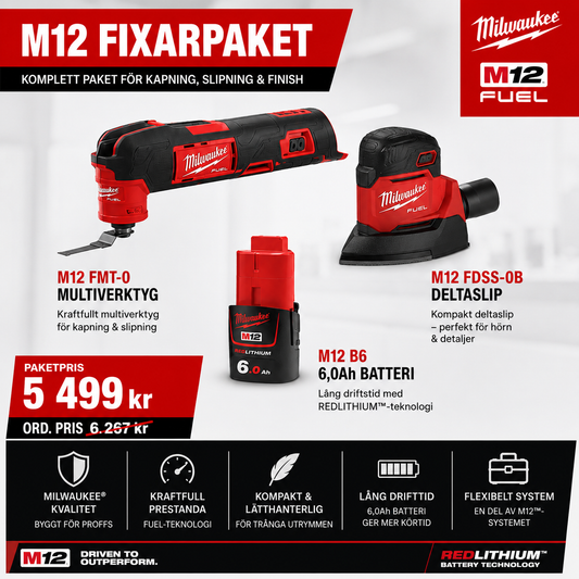 Milwaukee M12 Fixarpaket – Multiverktyg + Deltaslip + 6,0Ah Batteri