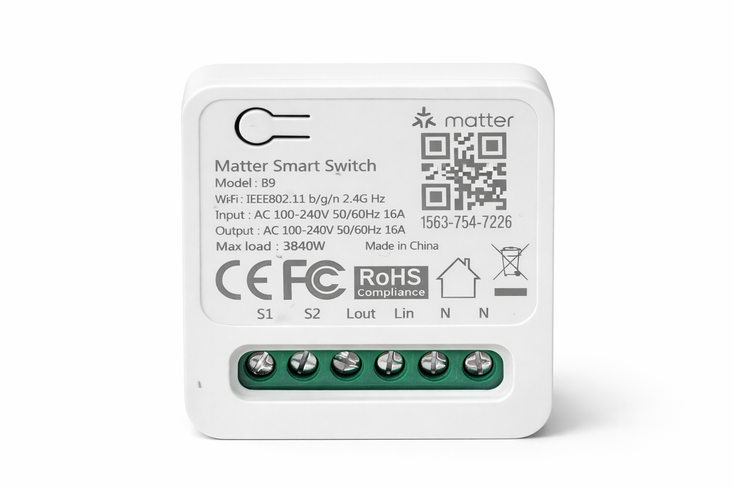 Matter WiFi Smart Relä 16A för belysning med Apple Home, Google Home och Alexa