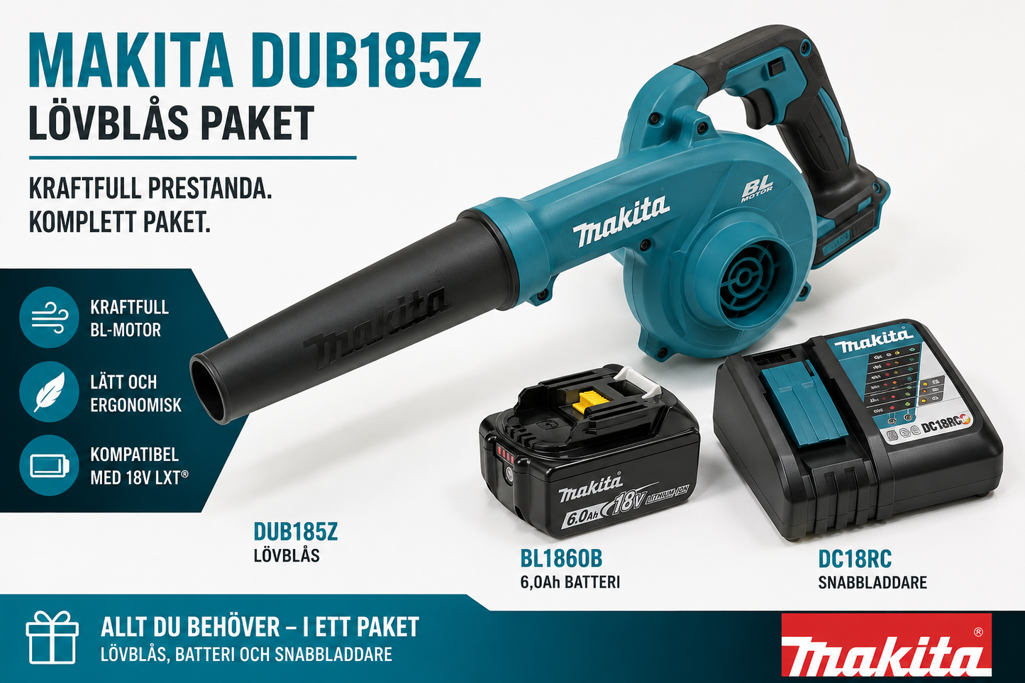 Makita DUB185Z + BL1860B + DC18RC – Lövblås Komplett Paket
