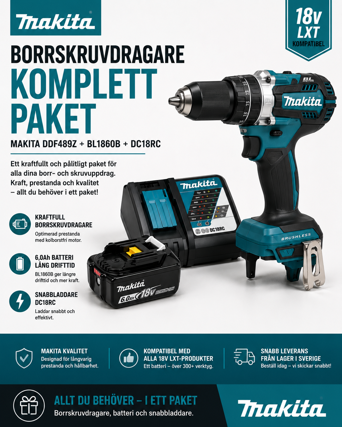Makita DDF489Z + BL1860B + DC18RC – Borrskruvdragare Komplett Paket