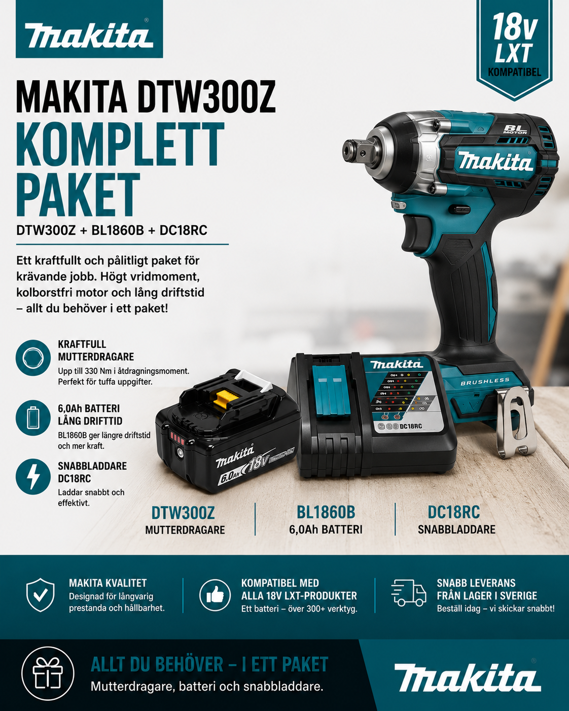 Makita DTW300Z + BL1860B + DC18RC – Slagskruvdragare Komplett Paket