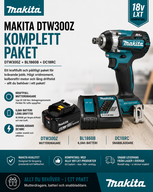Makita DTW300Z + BL1860B + DC18RC – Slagskruvdragare Komplett Paket