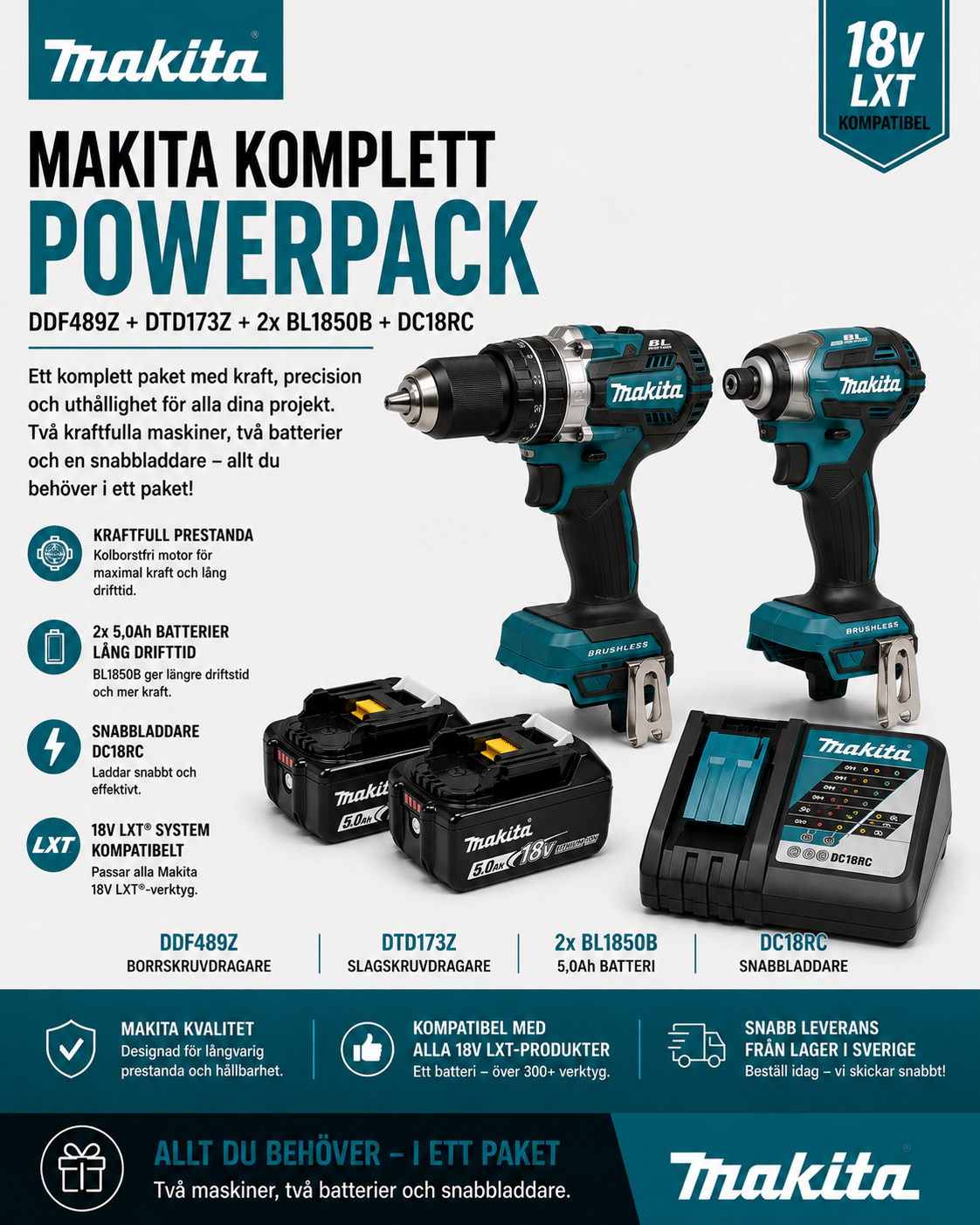 Makita DDF489Z + DTD173Z + 2x BL1850B + DC18RC – Proffskit Komplett Paket
