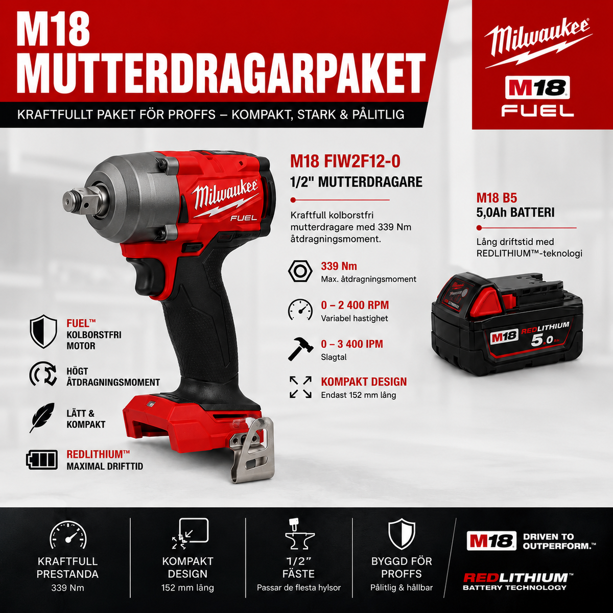 Milwaukee M18 Mutterdragarpaket – FIW2F12 1/2″ 339 Nm + 5,0Ah Batteri