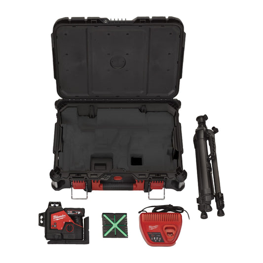 Milwaukee M12 3PL SKIT-401P 12V Grön Rotationslaser – Kit 4,0Ah + stativ + väska