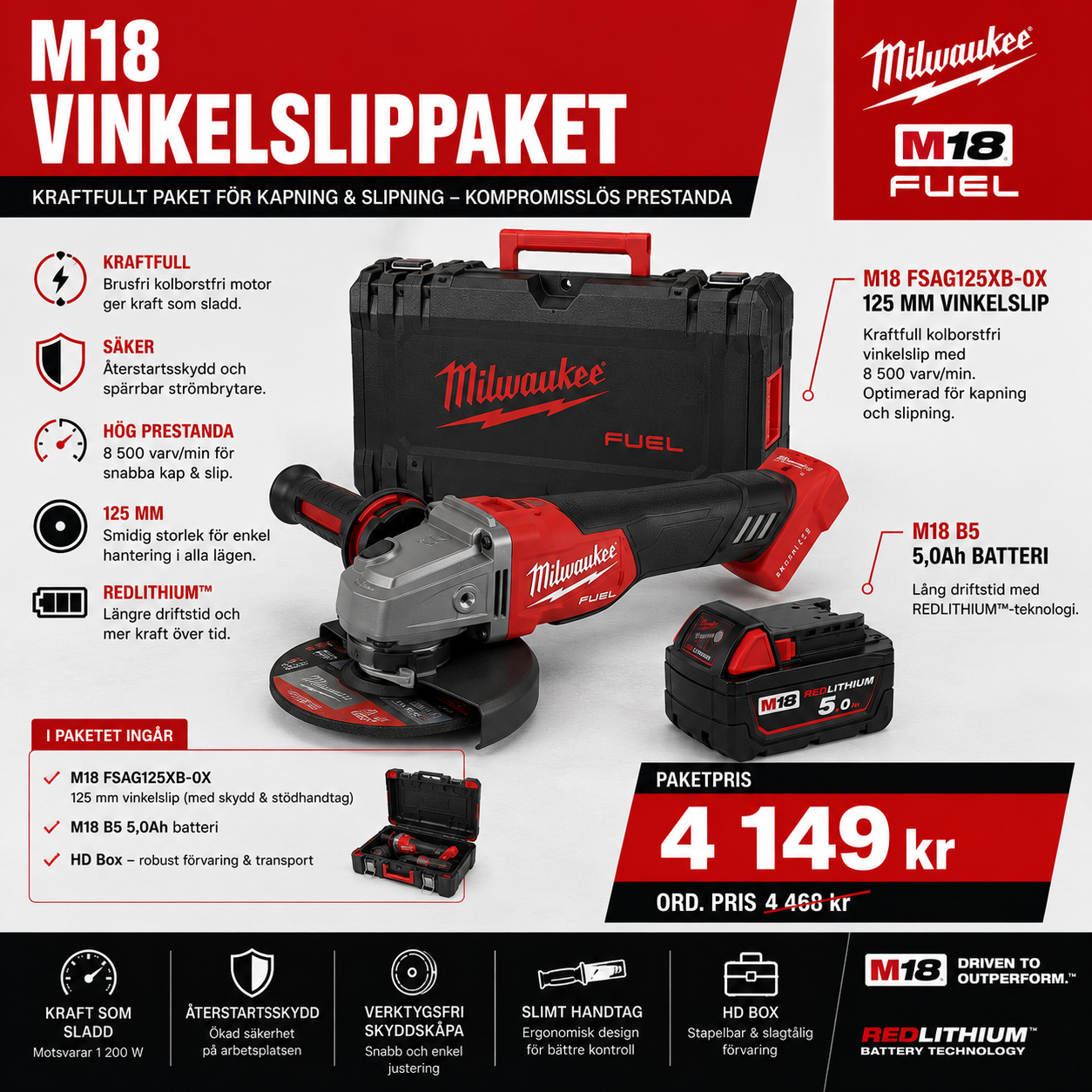 Milwaukee M18 Vinkelslippaket – FSAG125XB 125 mm + 5,0Ah Batteri
