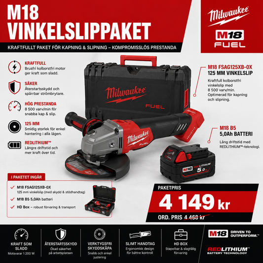 Milwaukee M18 Vinkelslippaket – FSAG125XB 125 mm + 5,0Ah Batteri