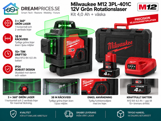 Milwaukee M12 3PL-401C 12V grön laser kit