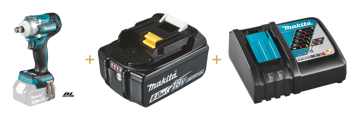 Makita DTW300Z + BL1860B + DC18RC – Slagskruvdragare Komplett Paket