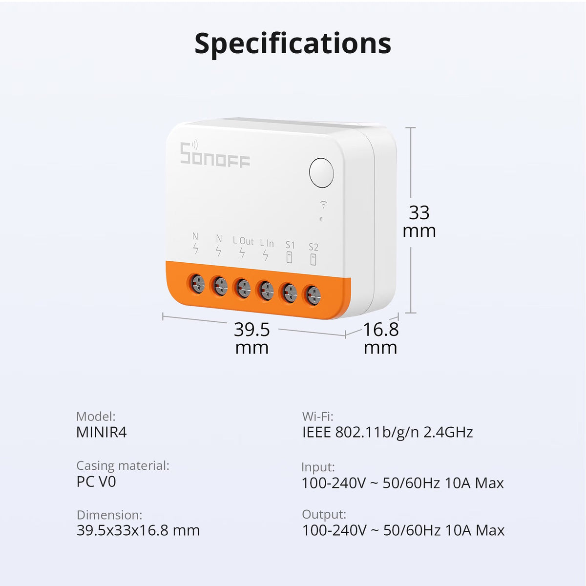SONOFF MINIR4 – mått och specifikationer